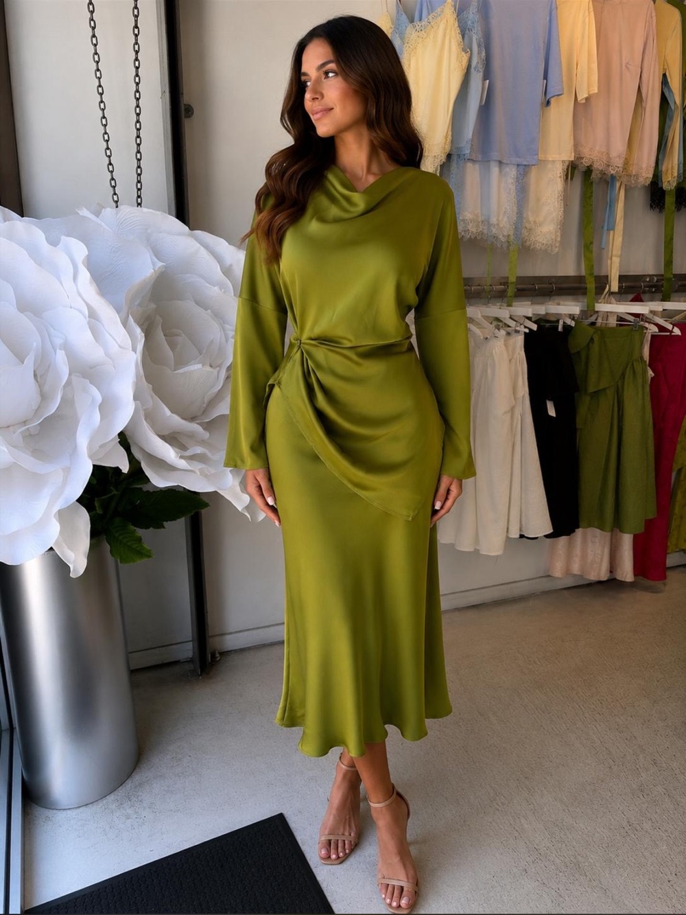 Olive Satin Draped Midi Dress - Women